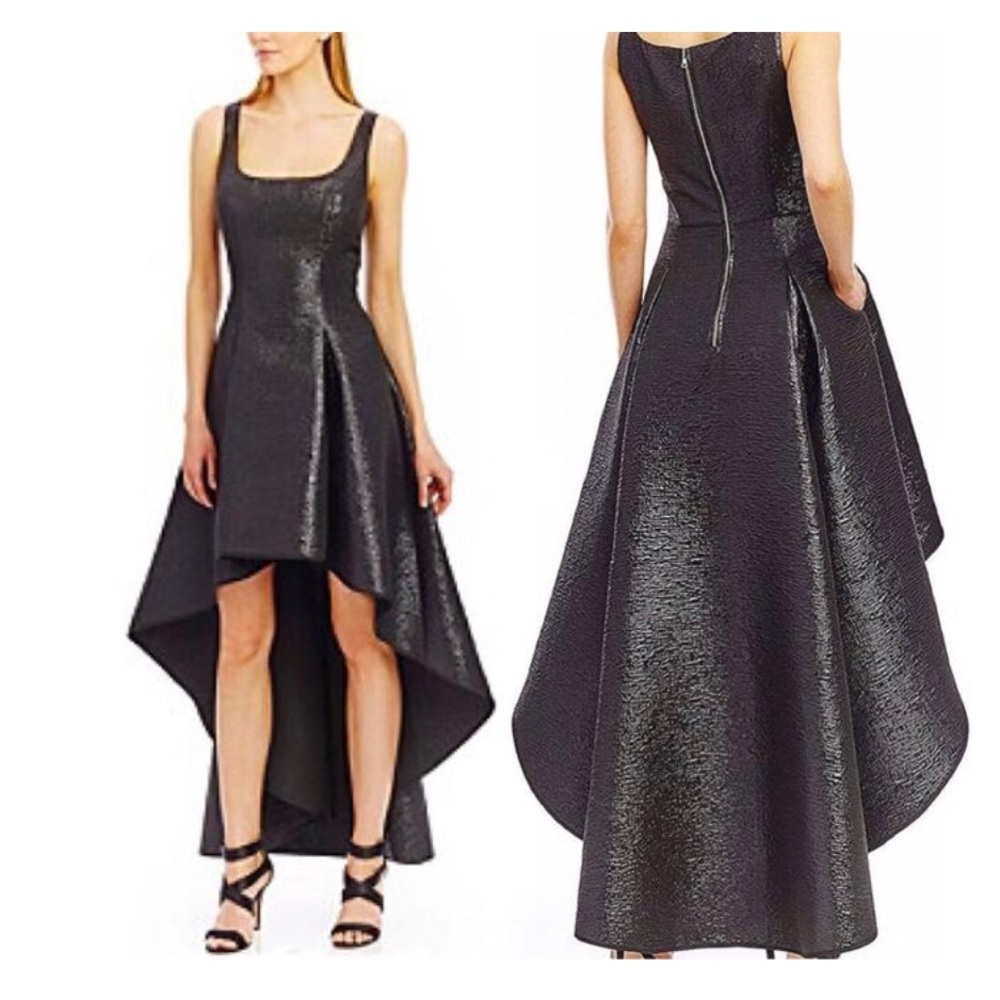 Nicole Miller: Black Textured A-line High Low Gown